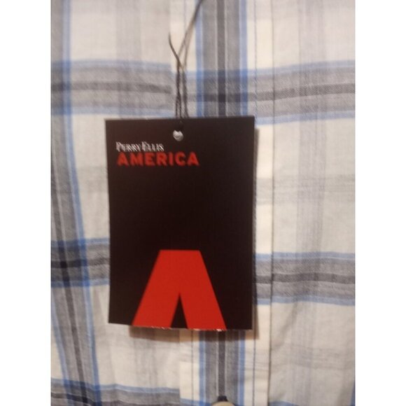 New Perry Ellis America men's long sleeve button White Blue Shirt Medium M NWT - Picture 3 of 12